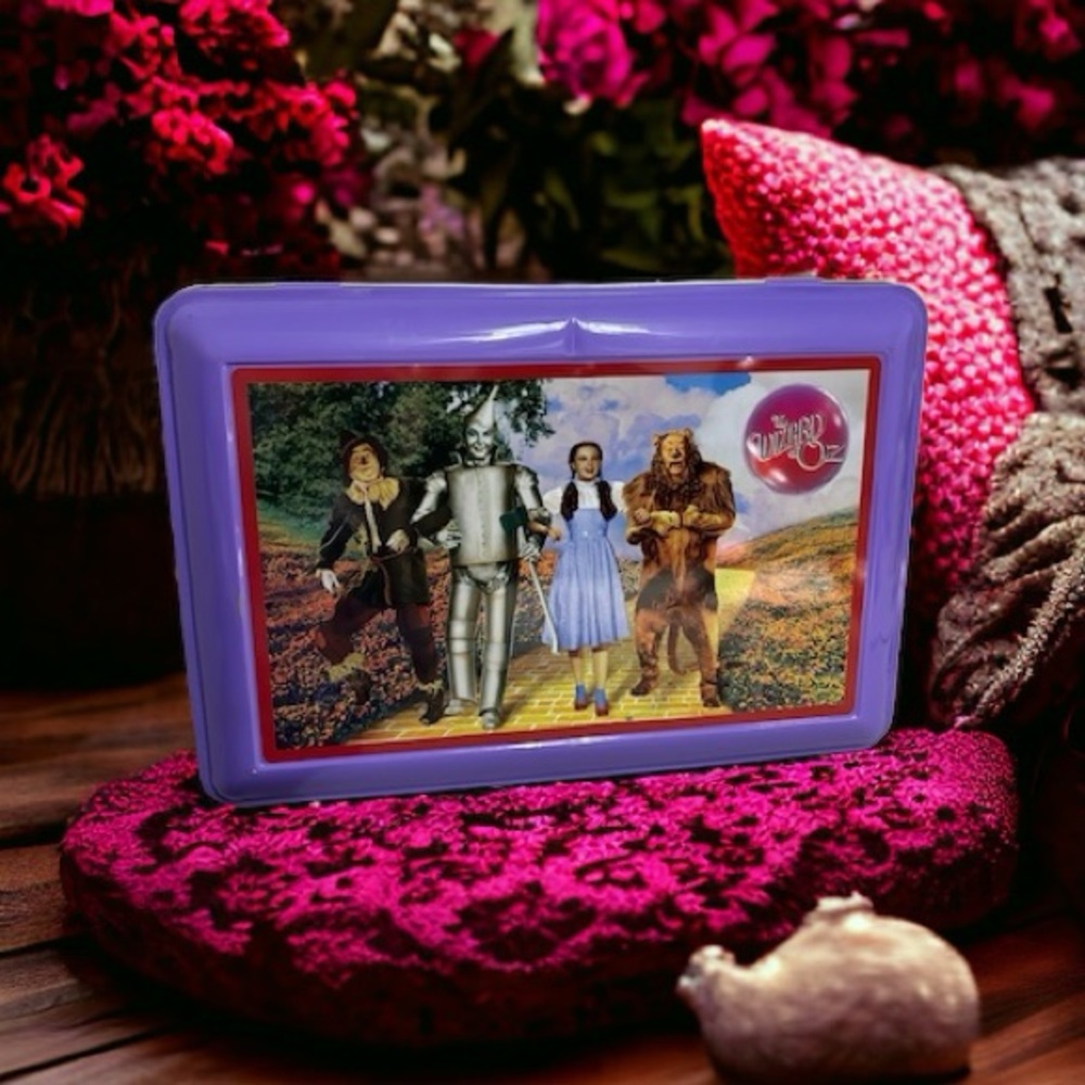Wizard Of Oz Tin Hinged Storage Container Purple Gold Interior &Back Rectangular